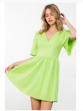 THML Lime Green V-Neck Mini Dress